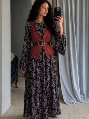 90s Cotton Ginny Maxi Floral Dress Size Large Moody Boho
